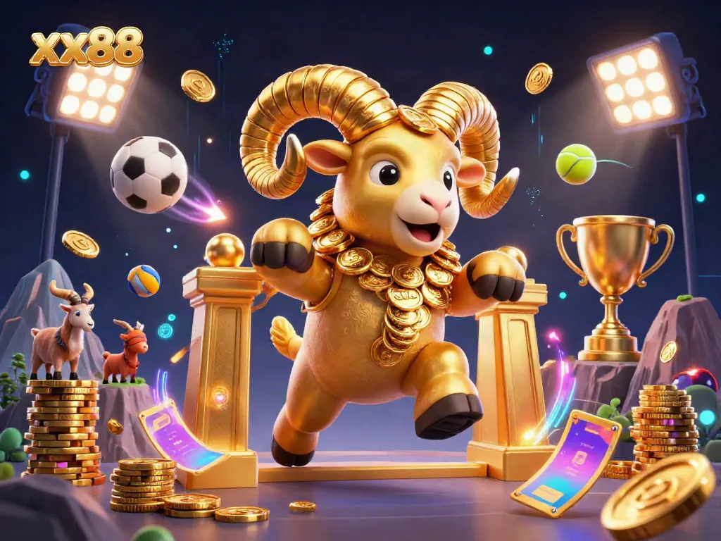 Engage in exhilarating betting action at xx88 featuring a dynamic scene with a gold ram charging through a grand entrance.
