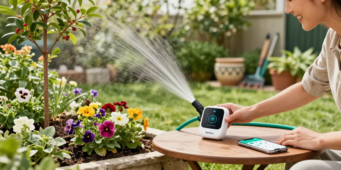 Homeowner setting up the RainPoint WiFi water timer in a vibrant garden, showcasing efficient irrigation.