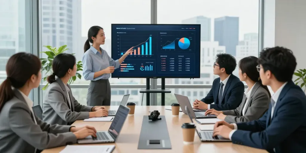 Team discussing strategies to continue business growth in a modern office.