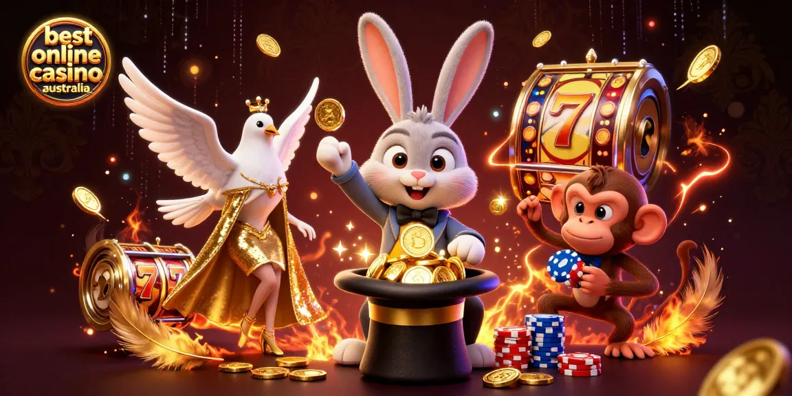 Spin to win at the best online casino australia with a rabbit magician and playful characters.