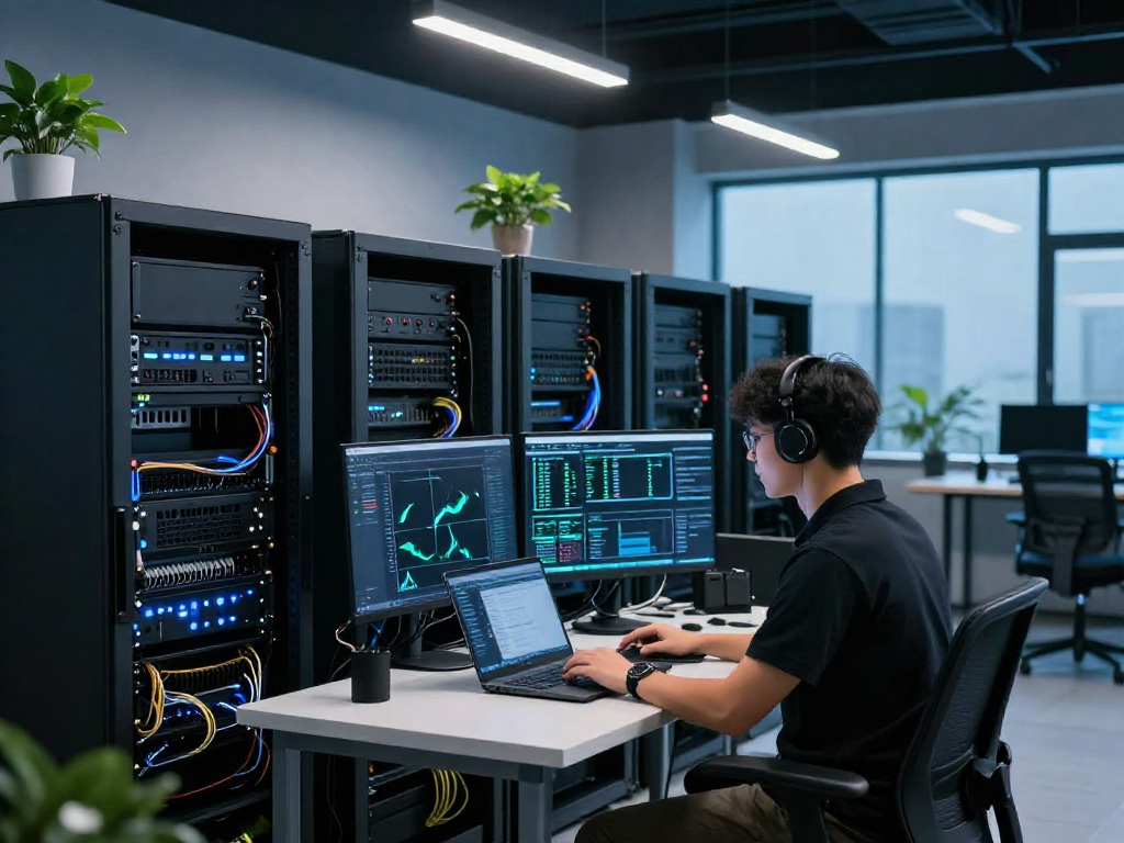 Configuración de VPS Hosting en México en un moderno centro de datos, con técnicos gestionando servidores y monitores de rendimiento.
