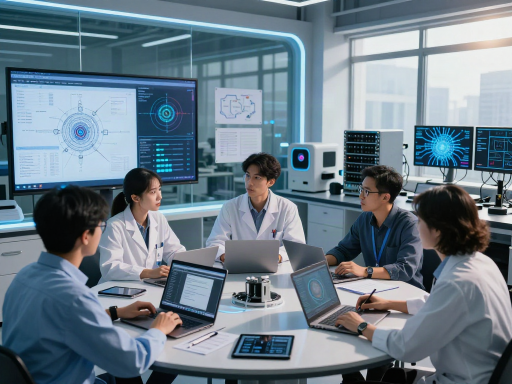 AI Detection team collaborating in a futuristic lab with advanced technologies.