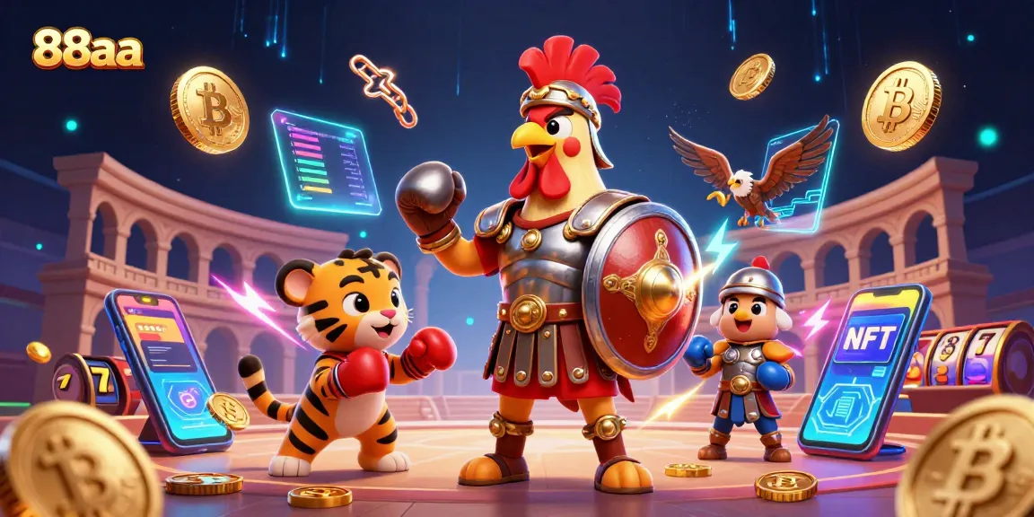 Experience exciting gameplay at 88aa, featuring a gladiator rooster and a tiger cub in a vibrant casino scene.