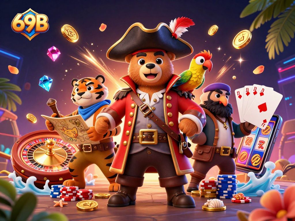A experiência emocionante de ganhos no 69B, onde um urso pirata e seu tigre navegam em um mar de tesouros e caça ao jackpot.
