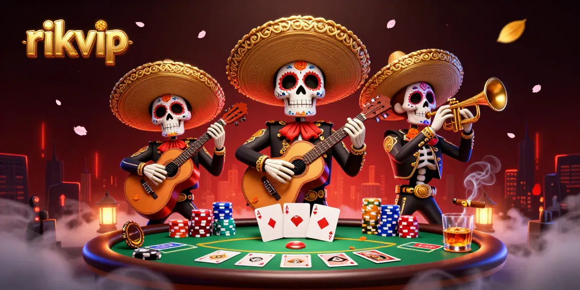 Experience thrilling gameplay at rikvip with a festive mariachi band, poker elements, and vibrant atmosphere.
