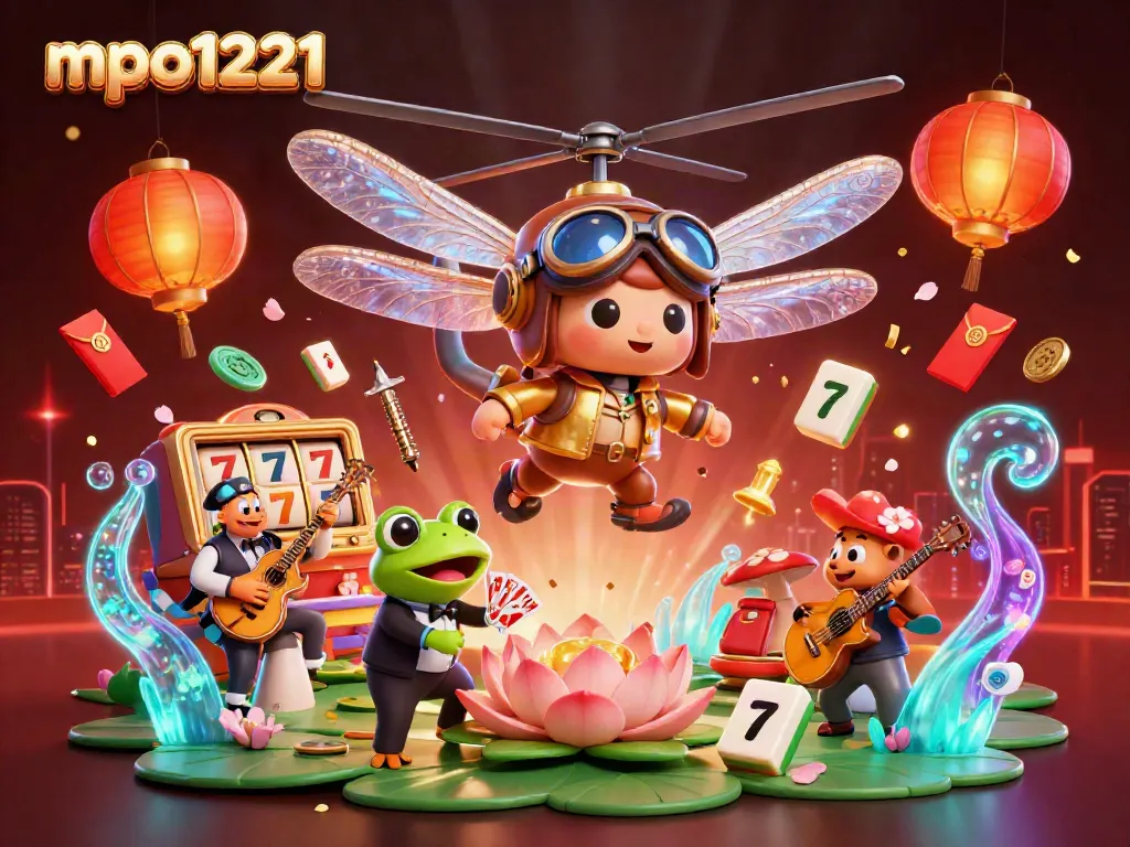 Engage with mpo1221 in an interactive casino atmosphere featuring a dragonfly pilot and card-dealing frog.