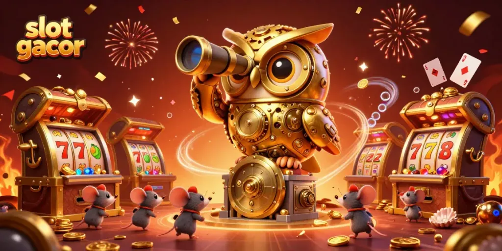 Menyaksikan slot gacor dengan karakter hiburan di kasino, koin emas dan harta menyebar di sekitar.