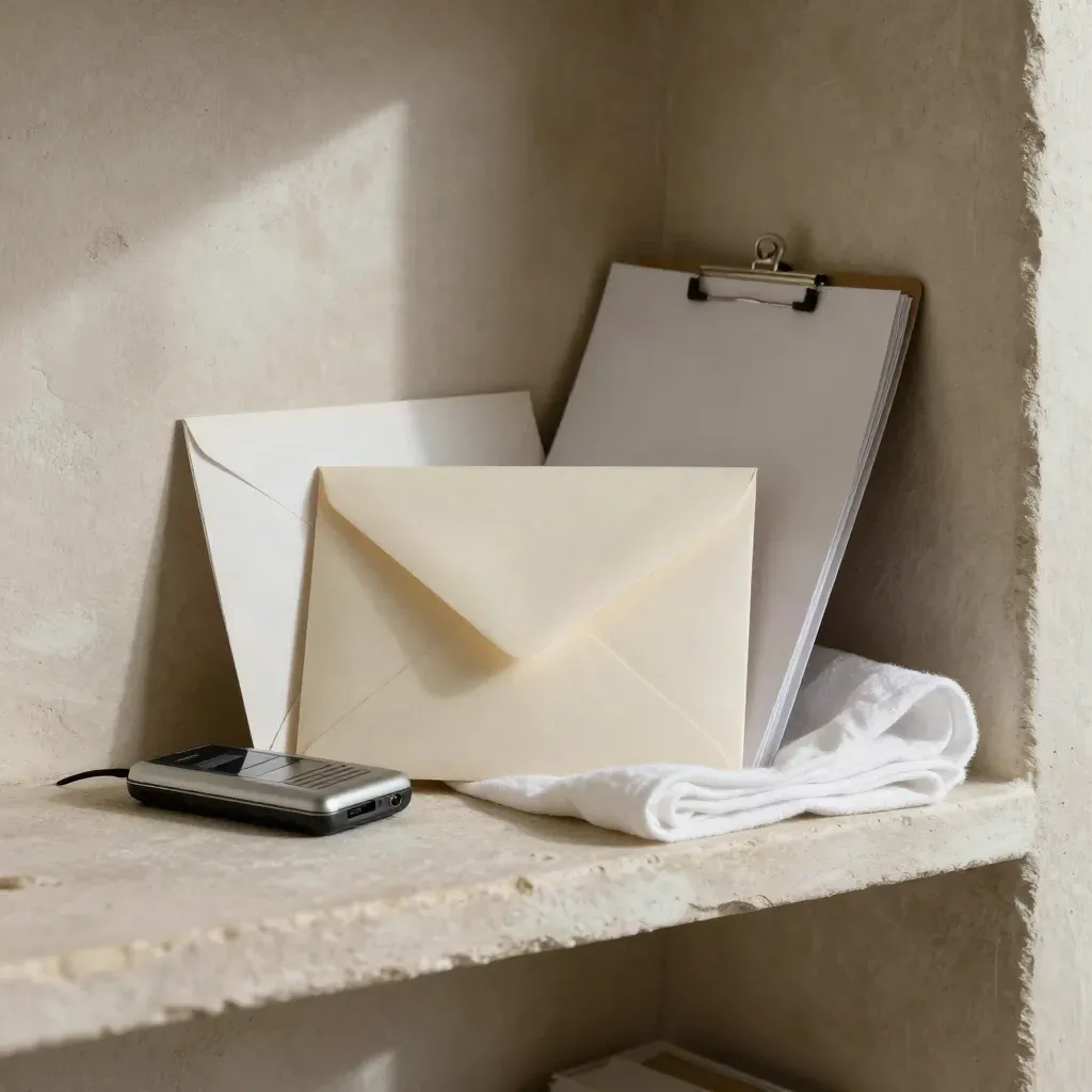Sealed envelope, recorder and clipped copies on a plaster shelf in side light with dust