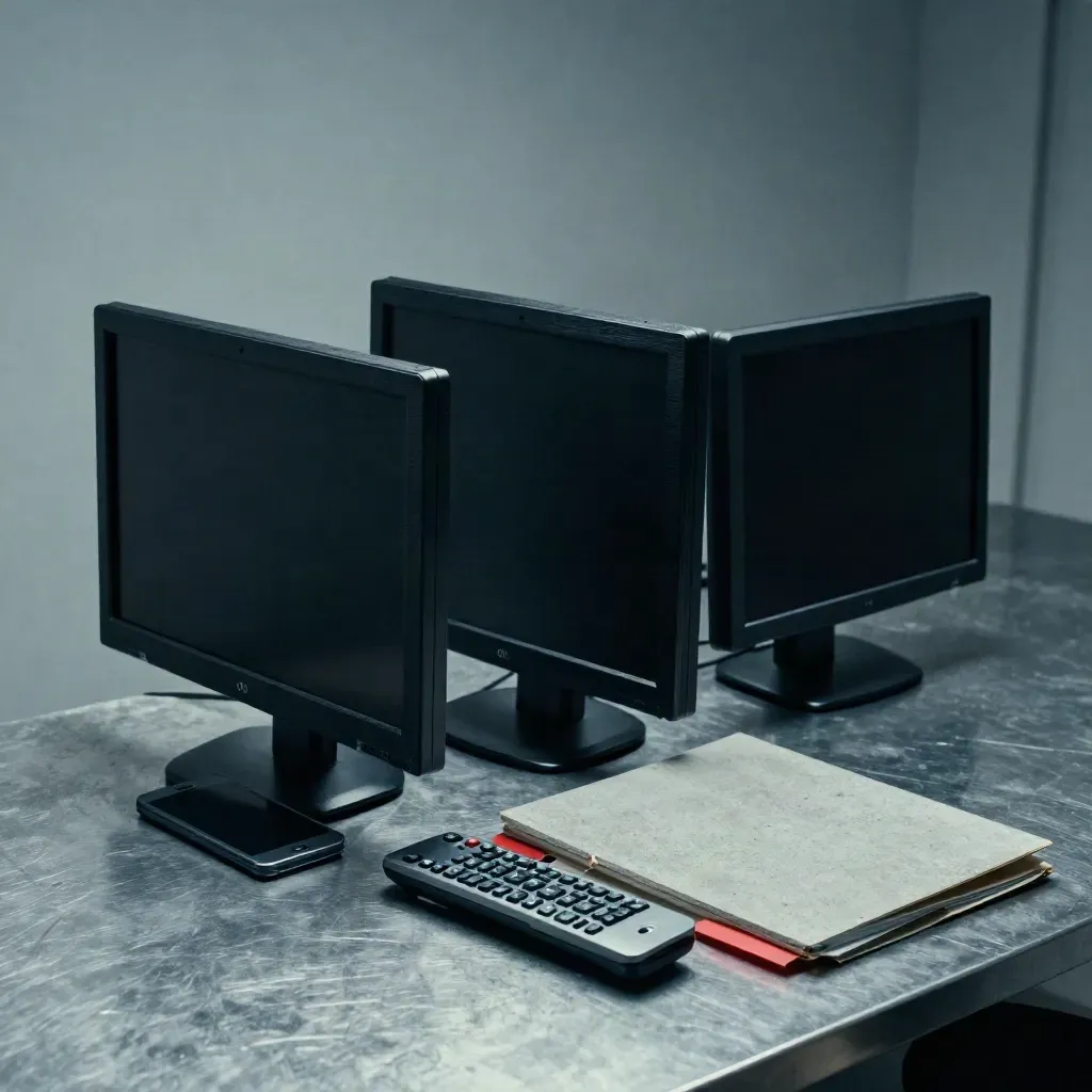 High-angle media desk with dark screens, face-down phone, remotes, and a red file tab on concrete.
