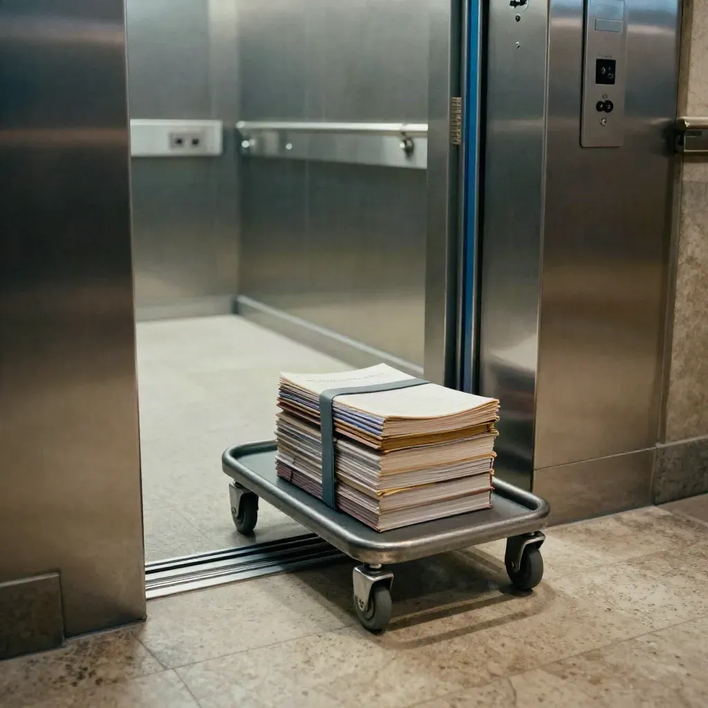 Brushed-metal elevator doors close around bound budget books on a steel handcart in a pale stone corridor.