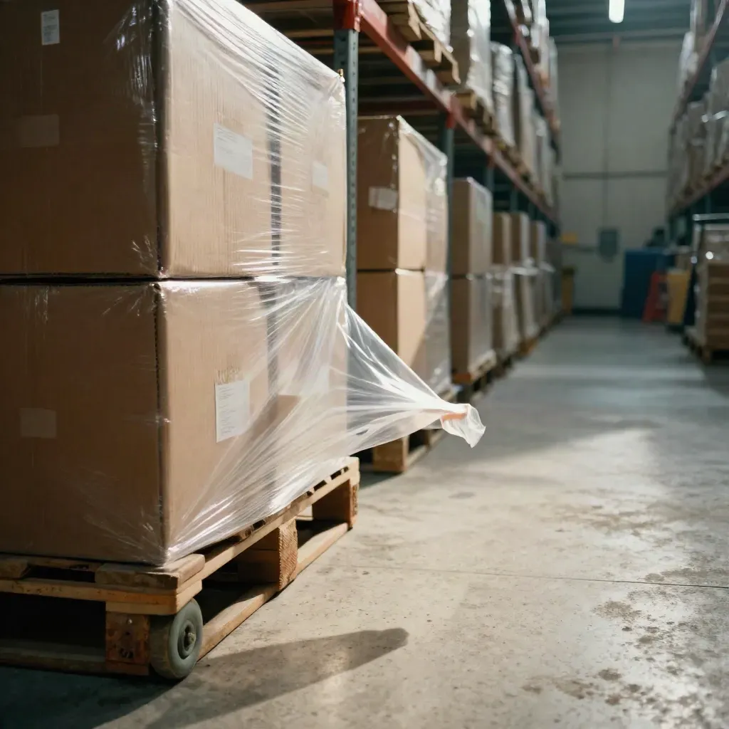 Warehouse aisle of aid cartons with fluttering pallet wrap, floor-level in dusty light.