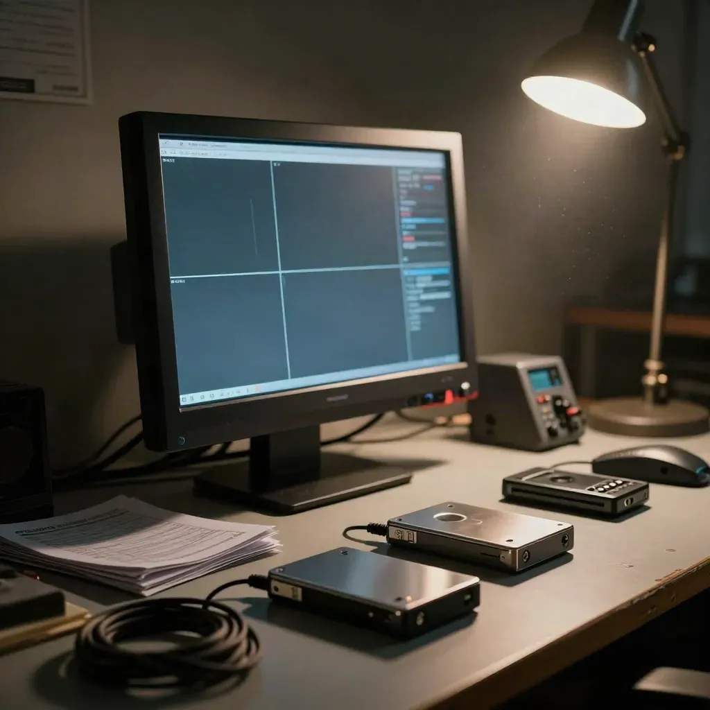 Late-night edit suite with drives, source files, and a paused monitor in warm blue haze