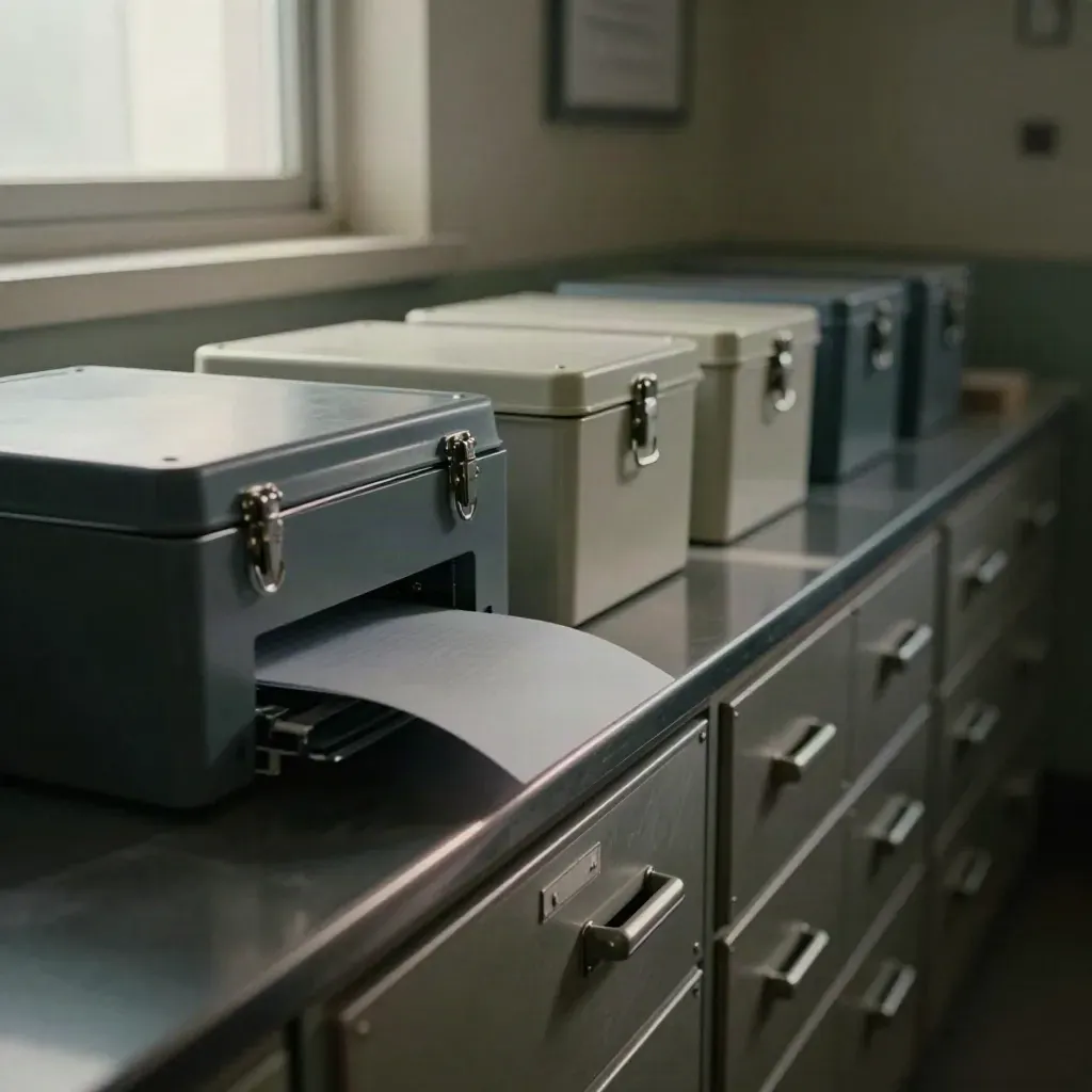 Late-night precinct records room with evidence bins, card drawers, and a printer tray feeding one sheet.