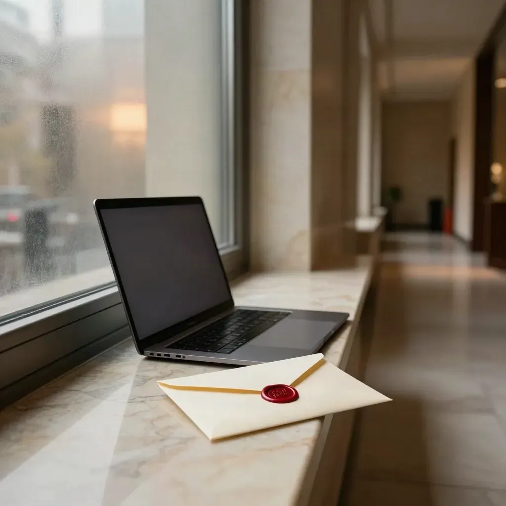 Marble boardroom corridor with a closed laptop, sealed envelope, and frosted glass bench at dusk.
