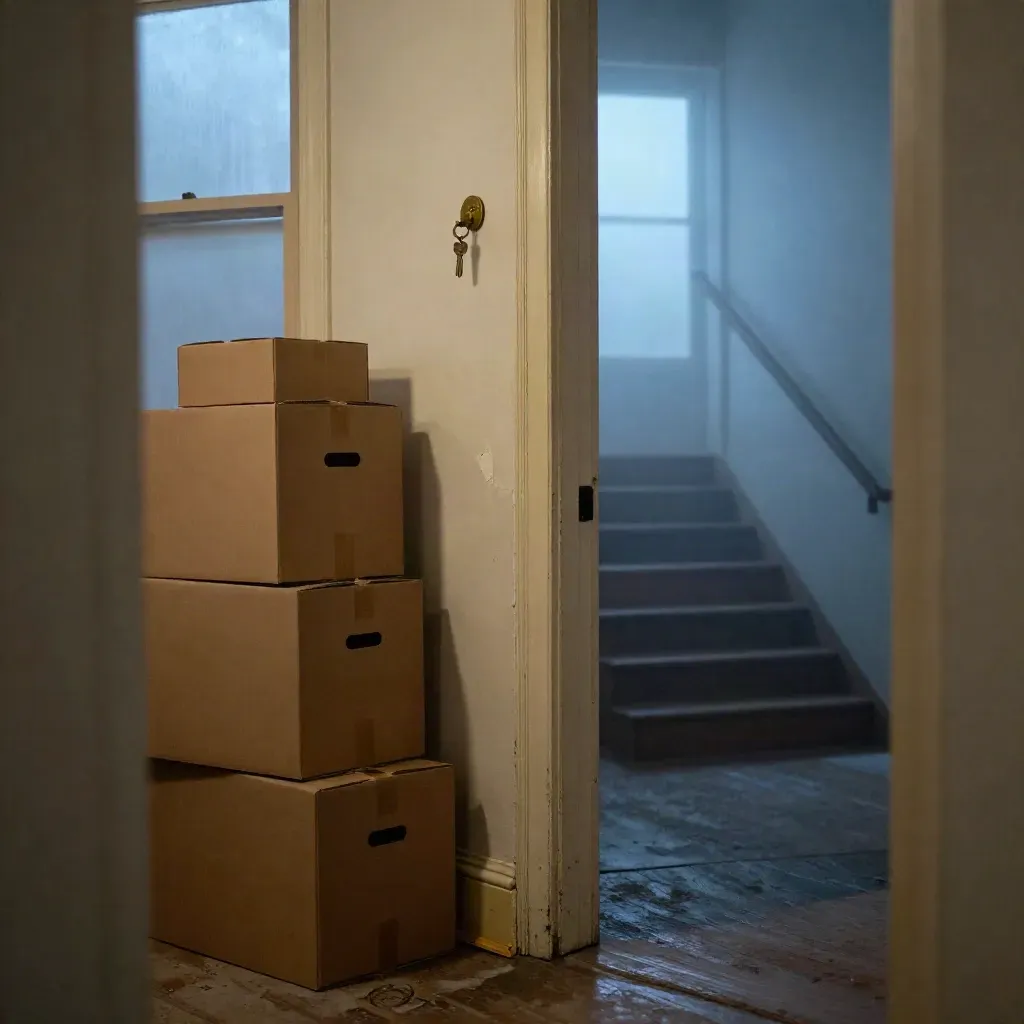 Foggy Portland apartment entry with moving boxes, keyring, peeling paint, and a mist-lit stairwell.