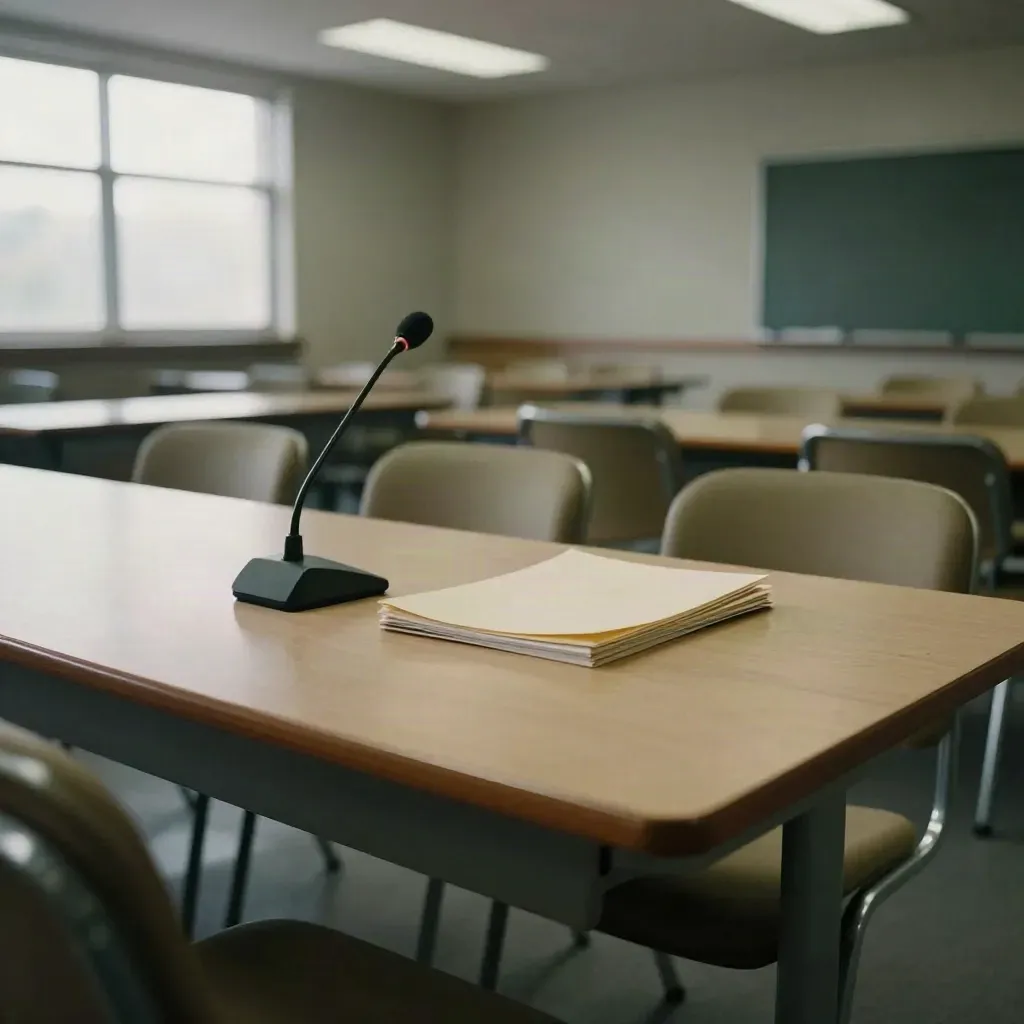 Empty school board table with sealed folders, microphone base, and pushed-back chairs in cool afternoon light.