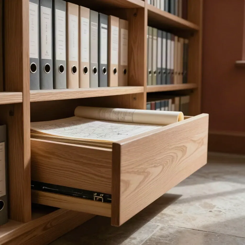 Moody source library with binders, rolled maps, archive boxes, and a half-open drawer in warm light.