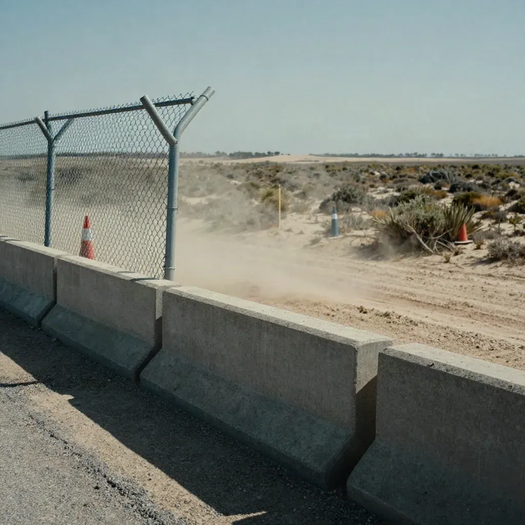 Dust veils a Texas roadside pull-off with concrete barrier, cones, fence and scrubland.