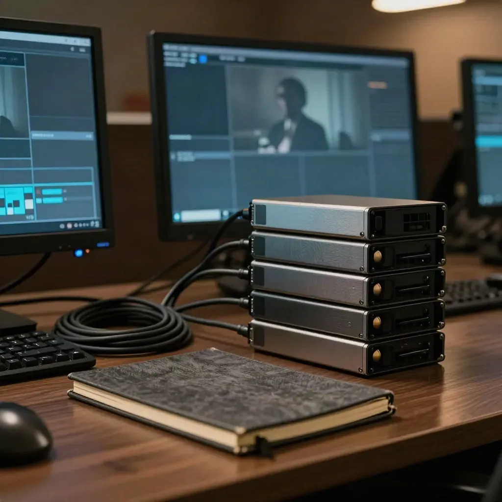 Dark edit bay with drives, cables, and a face-down notebook under blue monitor glow.