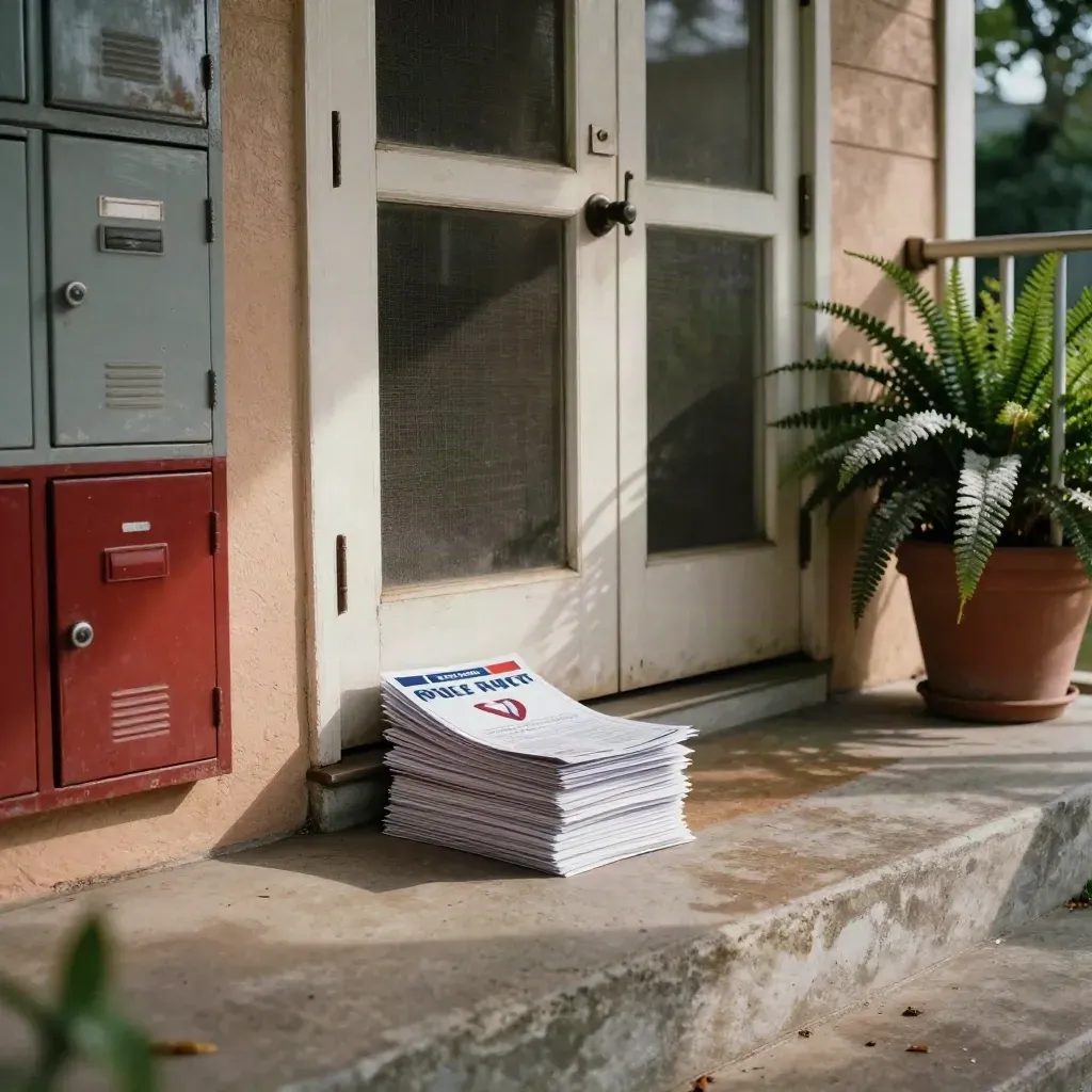 Florida porch with a stack of mailers dropped at a screened entry beside faded steps.