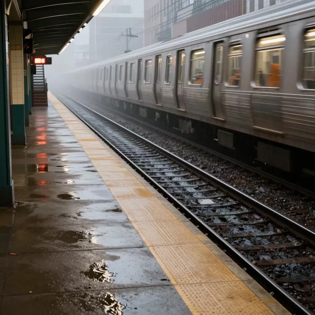 Empty Chicago platform at dawn with wet rails and a bright train light blur.