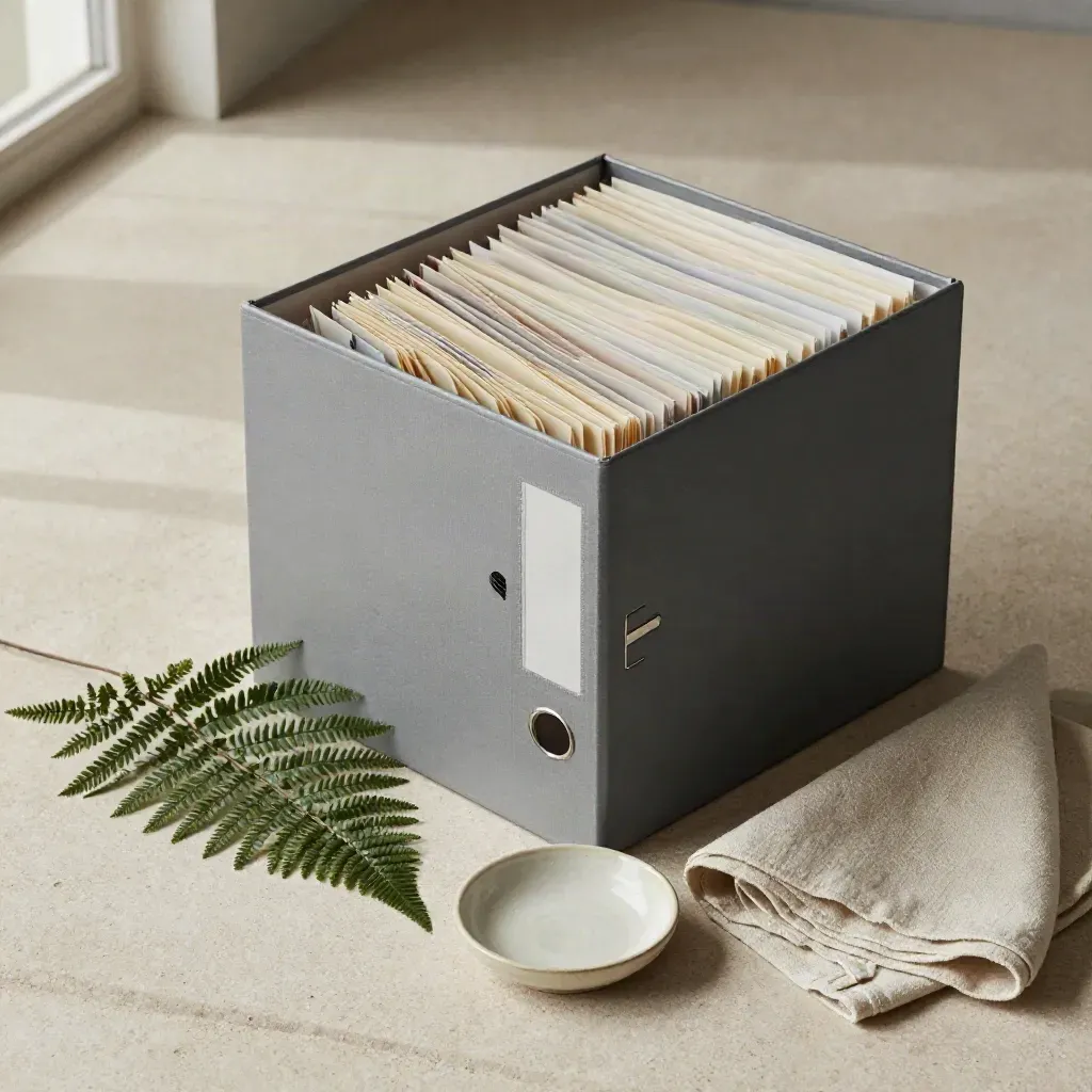 Open archive binder with tabbed folders, fern, linen cloth and ceramic dish on pale stone.