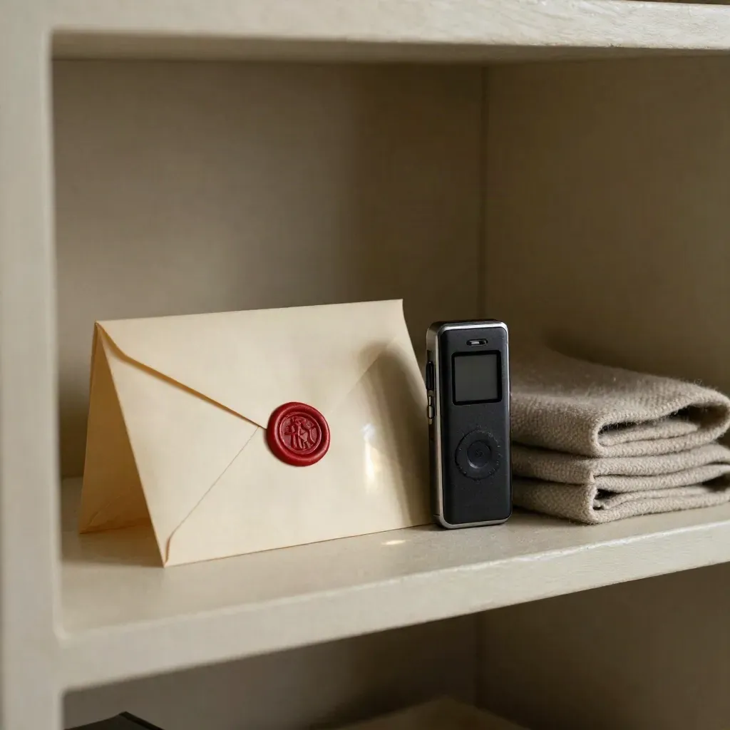 Sealed tip envelope, voice recorder, and wool cloth on a pale plaster shelf in soft side light.