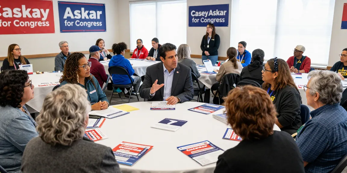 Casey Askar at a town hall meeting, engaging with voters about his political campaign.