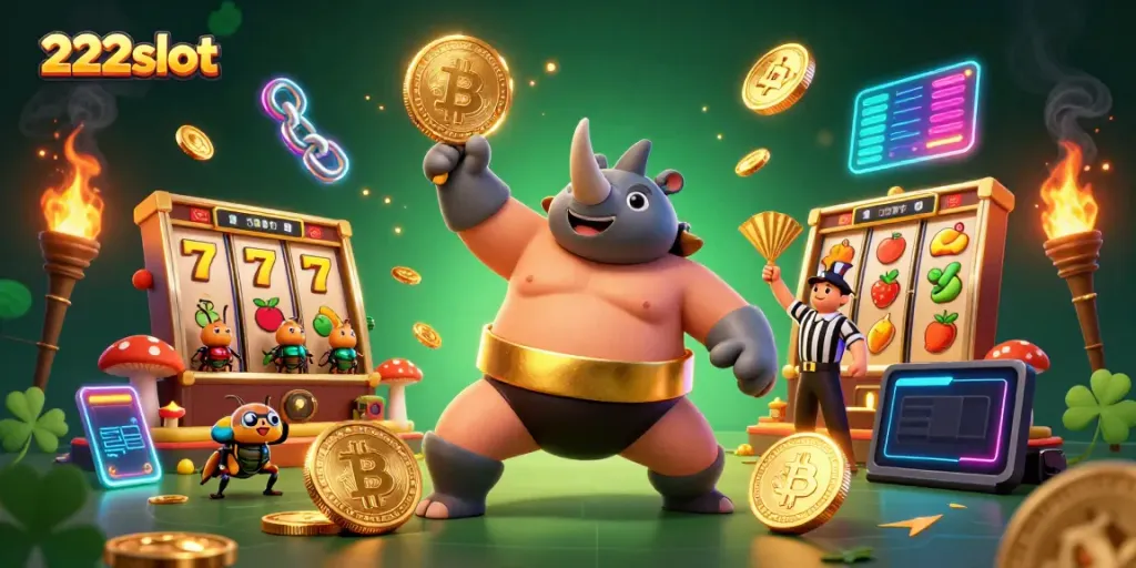 Ilustrasi 3D menarik yang menggambarkan kemenangan dengan 222slot di tengah aksi taruhan kasino.