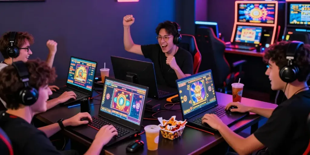 Suasana permainan slot gacor gampang menang dengan pemain merayakan kemenangan di perangkat mobile.