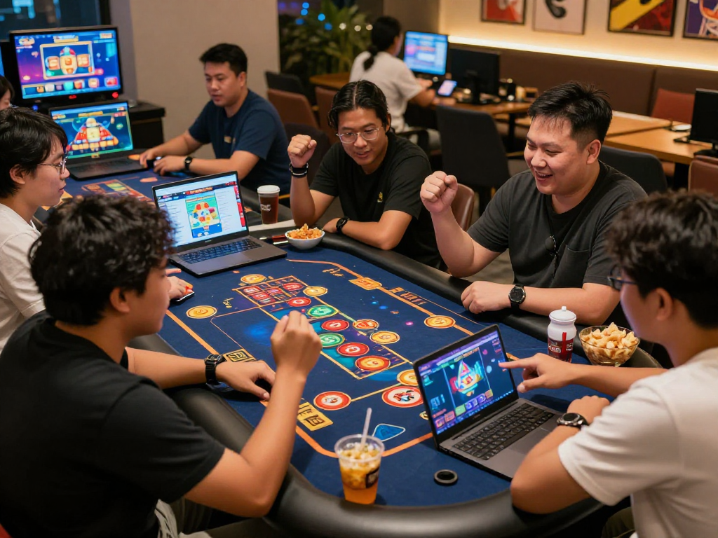 Dewatogel online gaming scene with diverse players celebrating victories and engaging in strategy.