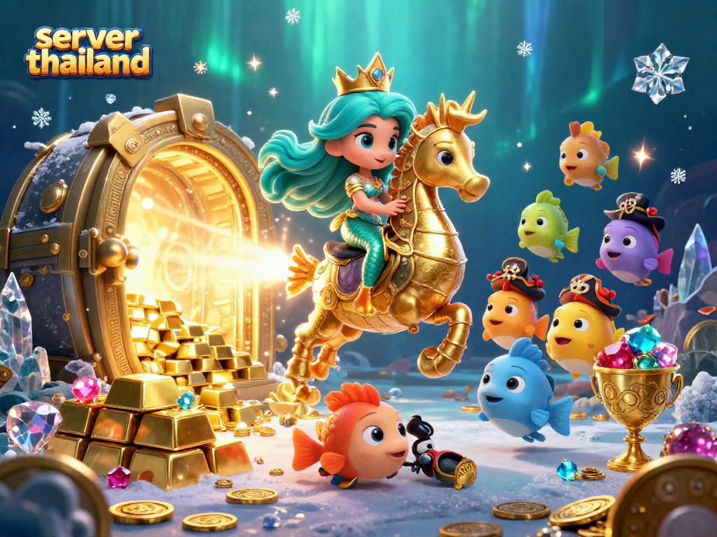 Experience the thrill of casino action with server thailand, featuring a vibrant mermaid riding a seahorse amidst treasures.