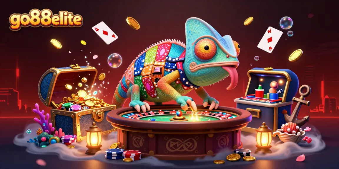 Experience the vibrant world of go88elite with a dynamic casino scene featuring chameleons and gold treasures.