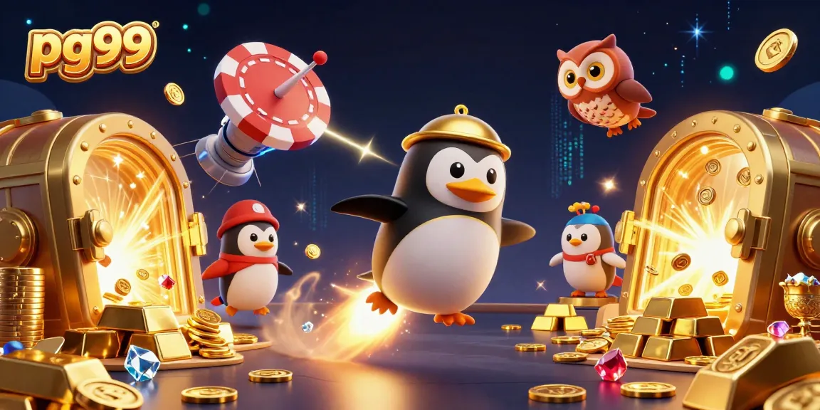 Spin the reels at pg99 with a golden penguin and treasure in a vibrant casino scene.