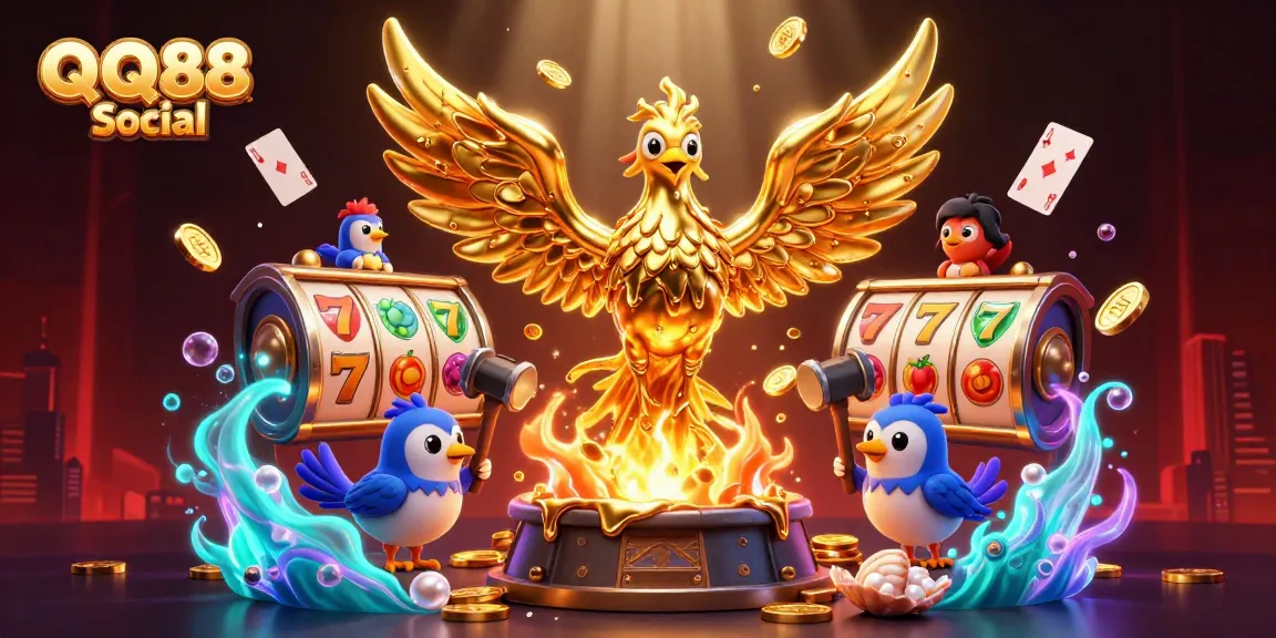 Experience thrilling gaming moments with QQ88 Social as a molten phoenix emerges amidst vibrant slot symbols.