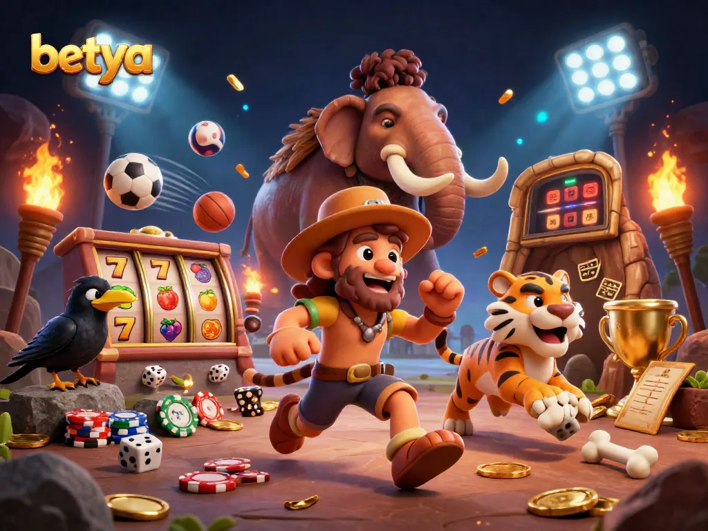 Experience thrilling slots at betya with 3D cartoon caveman and sabertooth tiger in a prehistoric casino atmosphere.