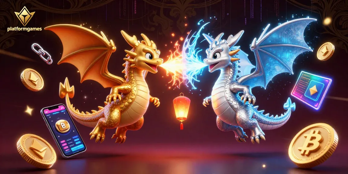 Engage with platformgames through dynamic dragon battles and crypto elements in this 3D casino illustration.