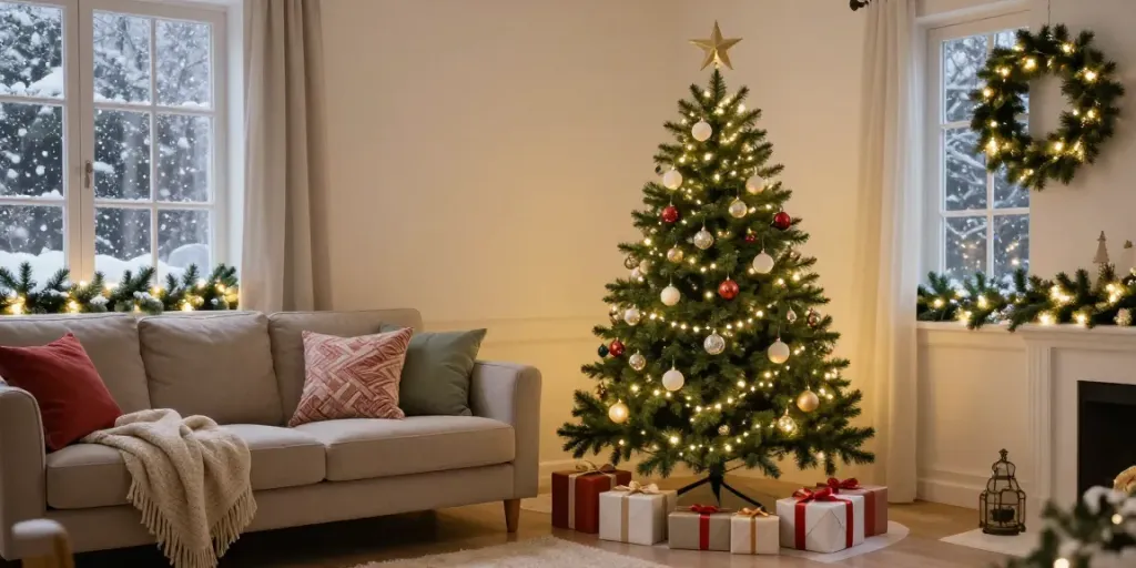 Elegant skinny Christmas tree decorated for the holidays in a cozy living room