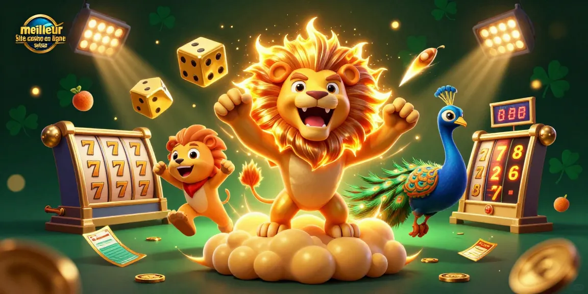 Profitez au maximum de votre expérience de jeu avec le meilleur site casino en ligne suisse, représenté par un lion estival dynamique entouré de rouleaux de machines à sous.