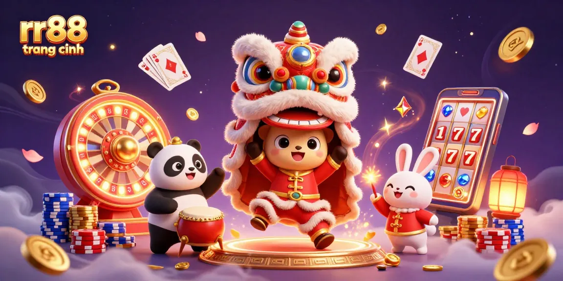 Experience exciting gambling thrills at rr88 trang chính with colorful decorations, coins, and games.