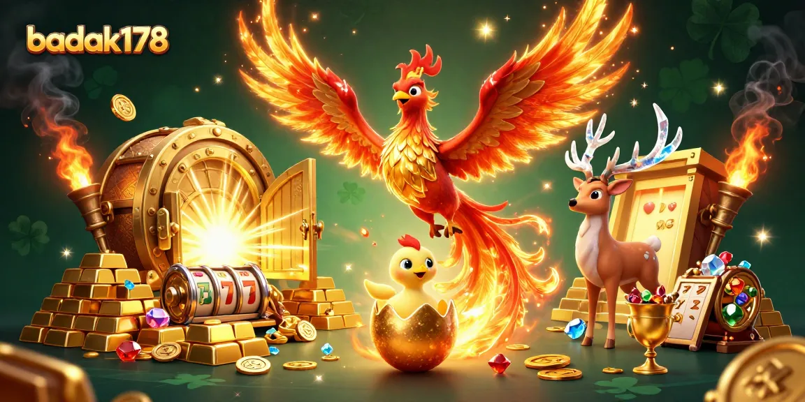 Engage with badak178 in a vibrant, dynamic casino scene featuring a fire phoenix, golden treasures, and slot elements.