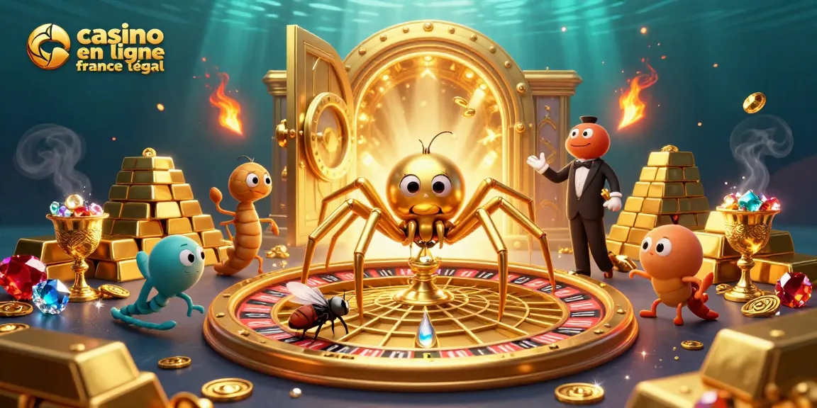 Une illustration 3D captivante montrant le casino en ligne France légal avec une araignée dorée et une ambiance de roulette.