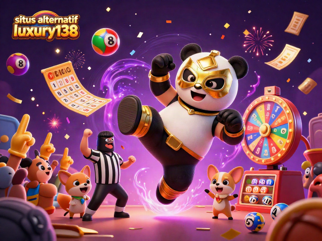 situs alternatif luxury138 beraksi dengan karakter panda pegulat dan lotere berwarna-warni di latar belakang yang menarik