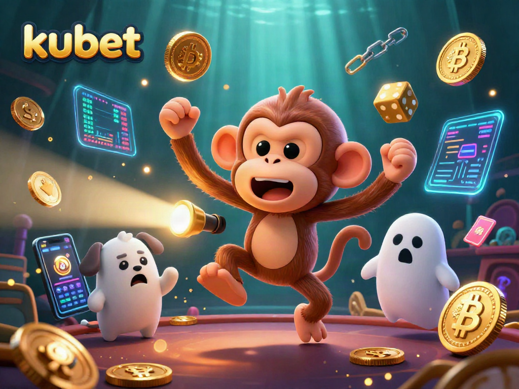 kubet features a lively 3D scene with a mischievous monkey juggling golden items in a bustling casino atmosphere