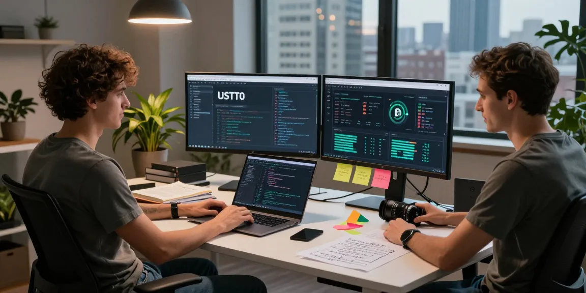 Innovative USDT0 workspace with developer analyzing cross-chain finance solutions and blockchain analytics.