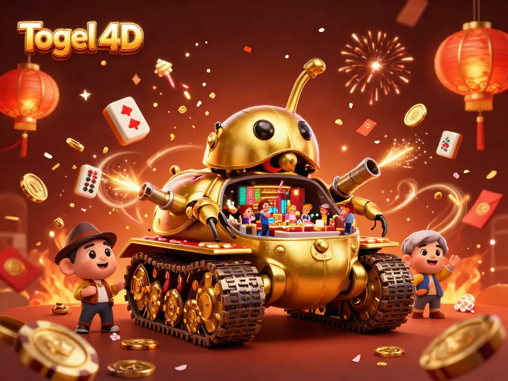 Merayakan Togel 4D dengan ilustrasi kasino mini dalam tank keong emas yang penuh warna dan meriah.