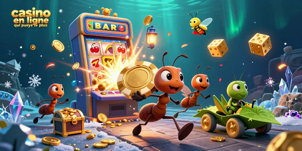 Casino en ligne qui paye le plus : Équipe de fourmis volantes avec jetons, machines à sous, joyaux et effets visuels.