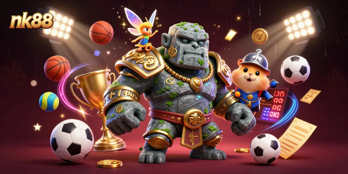 Join the excitement of nk88 sports betting with a dynamic scene featuring a magical golem, fairy, and hamster knight.