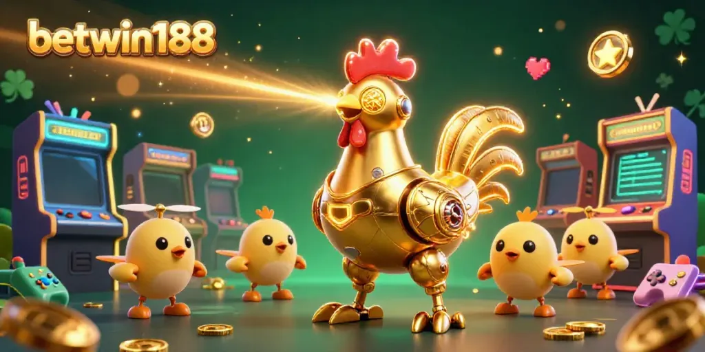 Aktifkan permainan di betwin188 dengan robot ayam emas futuristik yang memancarkan laser saat menjaga suasana kasino.
