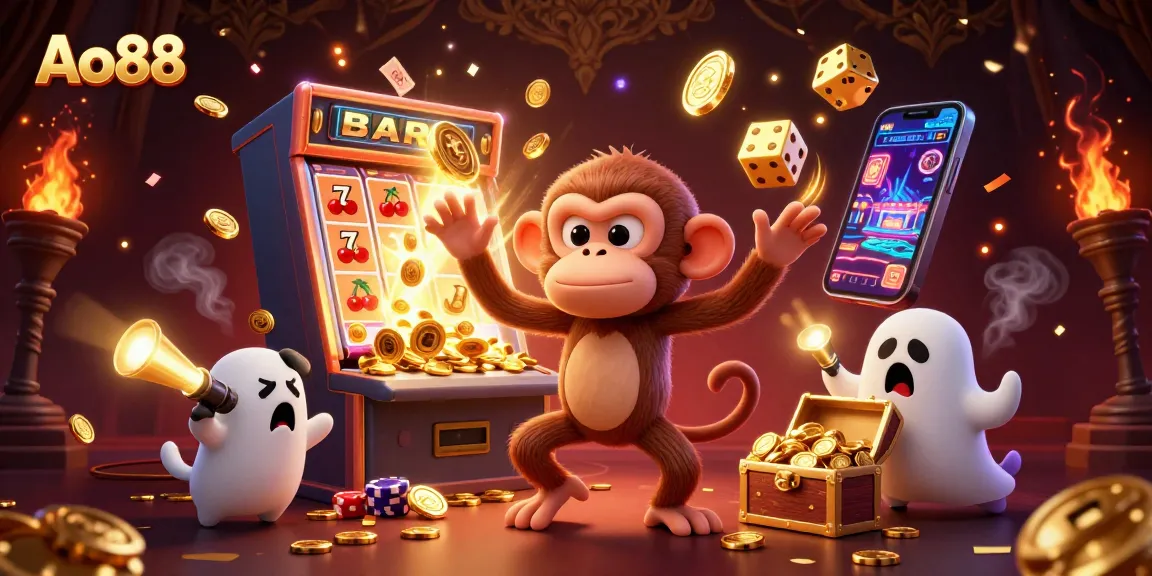 A gambling scene showcasing Ao88 with a poltergeist monkey juggling golden casino elements in a vibrant atmosphere.